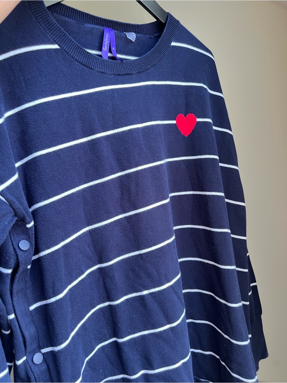 Seraphine Navy and White Striped NURSING Sweater with Red Heart XL side snaps